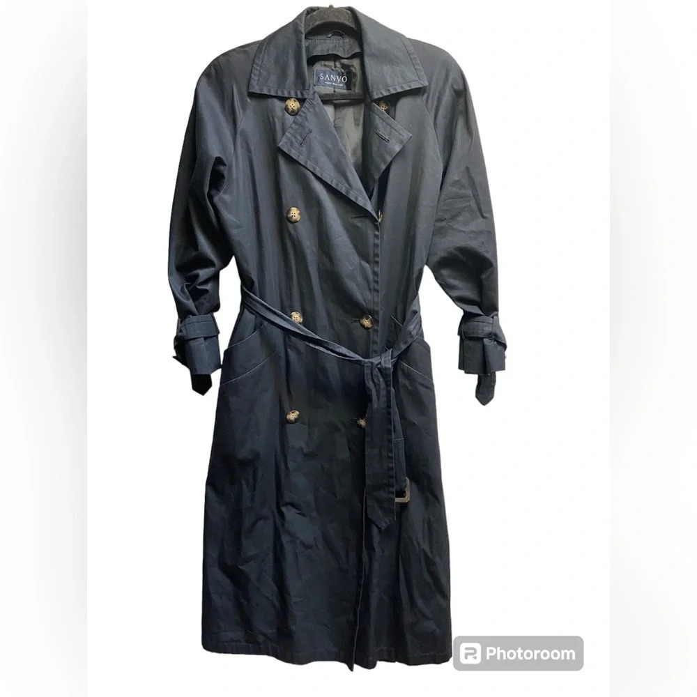 Vintage Sanyo Tokyo New York Black Belted Trench Coat 22” PTP M/L